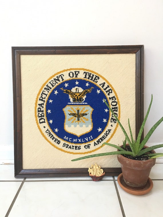 Framed United States Air Force Cross Stitch Large Vintage Embroidery Embroidered Decor Framed Fiber Arts Vintage Air Force