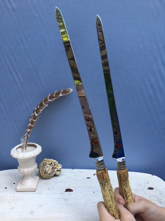 Anton Wingen Jr SolingenGermany Rostfrei Carving Knife Wood Carving Engraved Metal Nature Scene Deer Antler Staghorn