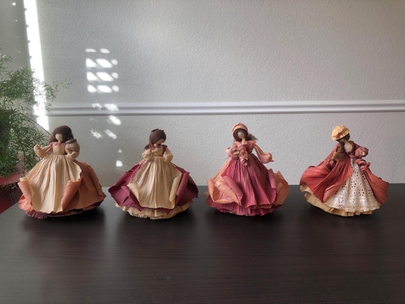 Corn Husk Doll Collection Vintage Doll Collectible Doll Cookie Jar Doll Holding Feather Two Tone Pink Dress White Lace Nursery Decor