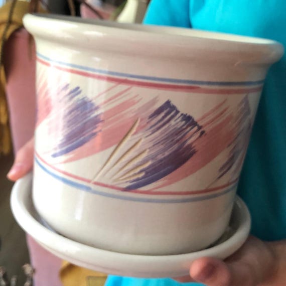 1980's Pink and Purple Lee's Pottery Planter with Attached Saucer 602 Vintage Flower Pot Post Modern Brushstrokes
