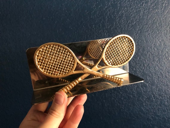 Vintage Chrome and Gold Tennis Racquets Letter Holder, Memo Holder, Two Crossed Racquets, Style, Elegance, Desktop Organizer