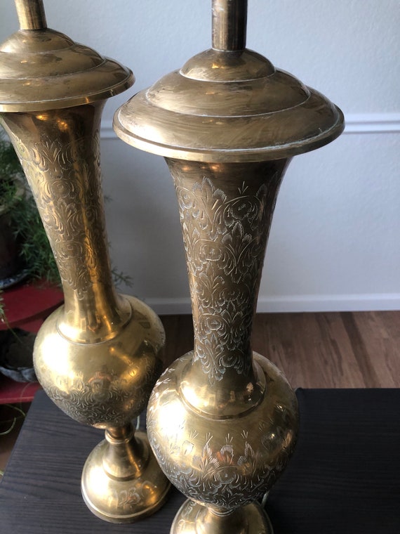 Midcentury Modern Lamps Pair Etched Brass Lamps Large Mid Century Lamp Set of Two Solid Brass Lamps Urn Shaped Mid Century Modern Table Lamp
