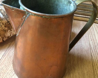 Antique Primitive Industrial Copper Water Pitcher  Vase Jug Industrial Urban Farmhouse Vintage Brass Handle Patina Elegant