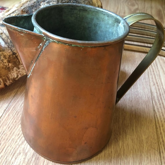 Antique Primitive Industrial Copper Water Pitcher  Vase Jug Industrial Urban Farmhouse Vintage Brass Handle Patina Elegant