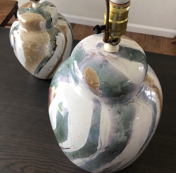 Vintage Large Faux Marble Ginger Jar Shaped Lamp Ceramic Porcelain Table Lamp Mid Century Multiple/Swirl Glazes Unique Designer