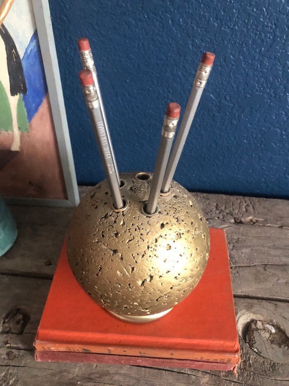Mid Century Modern Cork Pencil and Pen Holder PAT Bulletin Ball  Atomic Space Age Spherical Brass Swivel Base Vintage Seventies
