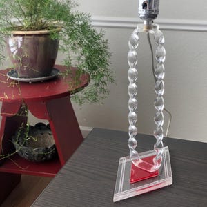 Mid Century Clear and Red Lucite Lamp Twisted Column Clear Plastic Lamp with Red Diamond Vintage Lucite Lamp