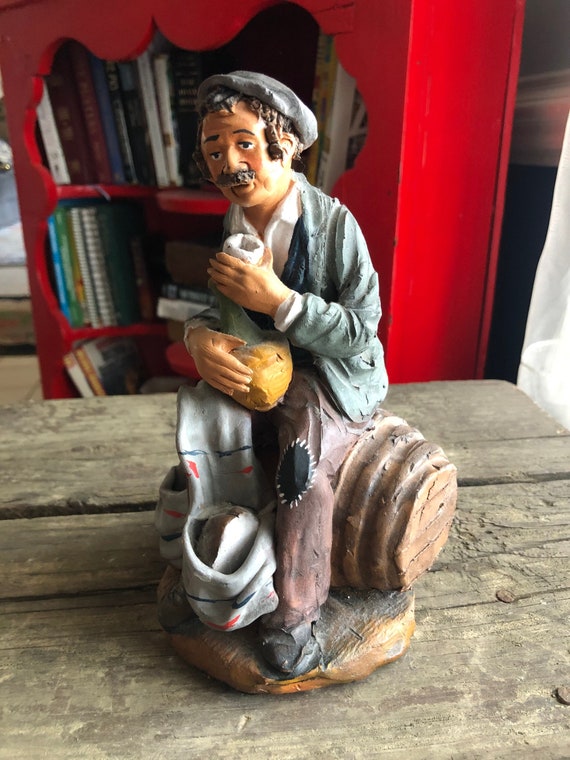 Signed Ceramic Hobo Sculpture  Old Man Seated on a Barrel with Wine Jug  Whimsical Vintage