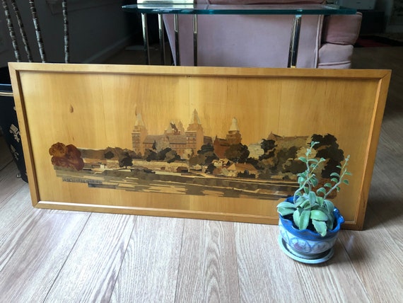 3 x 1.25 Foot Wide German Wood Inlay Marquetry Panoramic of Aschaffenburg - Wood Inlaid Picture, Wall Art, Mid Century, MCM, Made in Germany