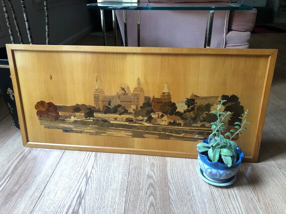 Panoramic Framed Art Midcentury Wood Sculpture German Woodwork Art Wood Panel Inlay Marquetry Art 1960s Decor Panoramic of Aschaffenburg