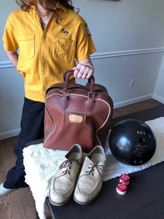 Vintage Bowling Set Bowling Ball Shirt Bowling Ball Bag Bowling League Champion ABC Bowling Costume  in ABC Roy's Yellow Shirt Americana