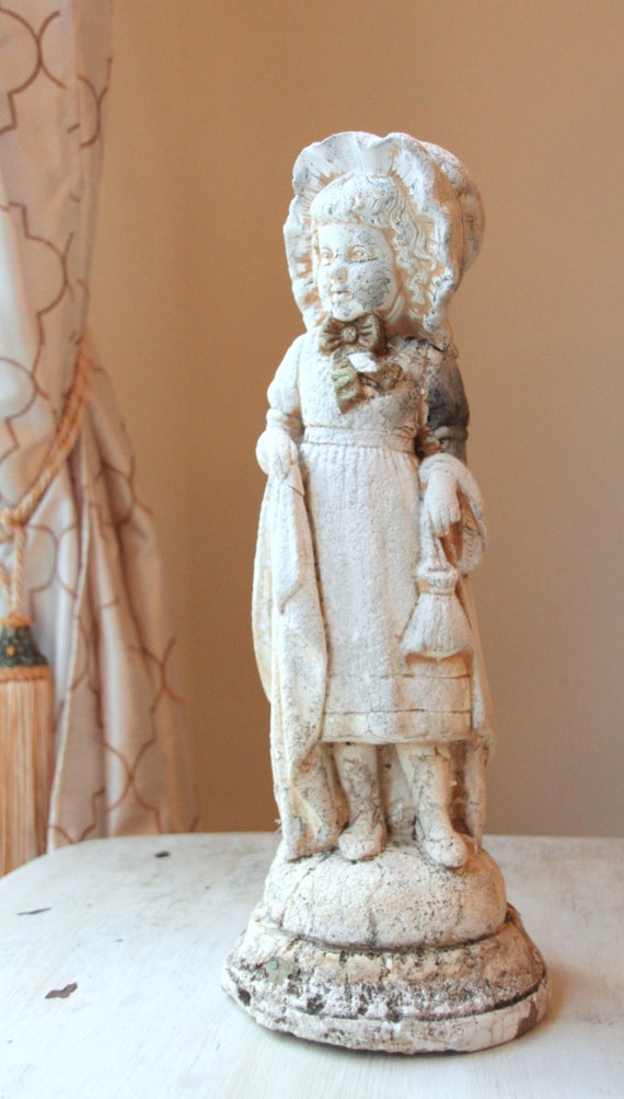 Jaru Little Girl Statue Little Lady Plaster/Chalkware Girl with Bonnet Sculpture White Sculpture Yard Art Shabby Chic 1970s WTH1350