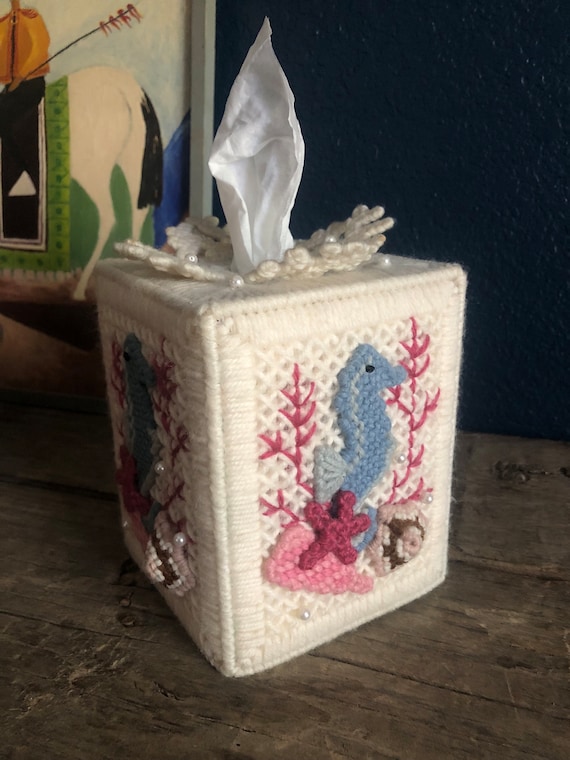 Needlepoint Plastic Canvas Tissue Box, Seahorse Ocean, Granny Chic, Bathroom Accessories, Home Decor, Hand Made Tissue Holder