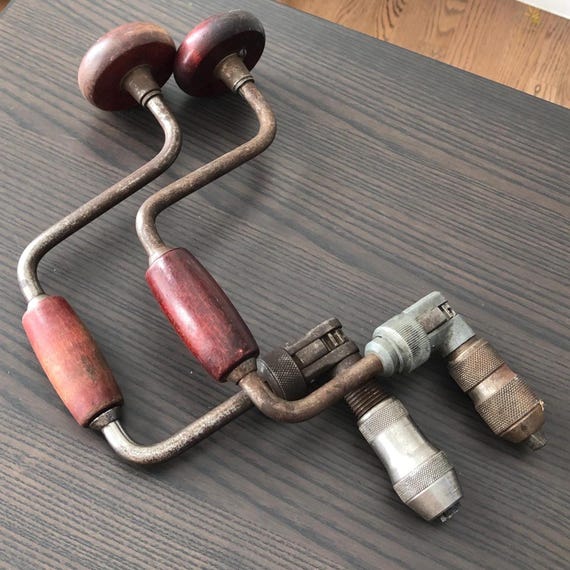 Large Hand Crank Screwdrivers Brown Hand Drill Ratcheting Drill Woodworking Tool 1950s Fifties MidCentury