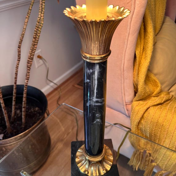 Brass Lamp Marble Table Lamp Living Room Lamp Black Marble Lamp Classic Lamp Hollywood Regency Shell Finial Column Lamp Corinthian Column
