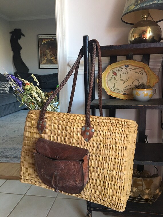 Woven Straw Tote/Bag with Braided Leather Handles,