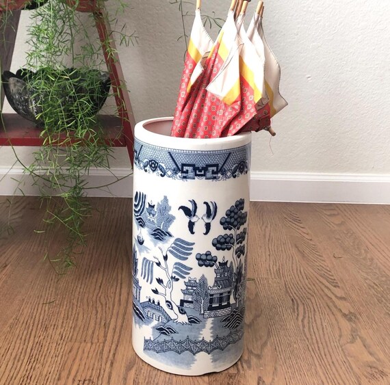 Hand Painted Japanese Porcelain Umbrella Stand Entryway Organizer Functional Home Decor Hallway Stand Blue White Mountain Landscape