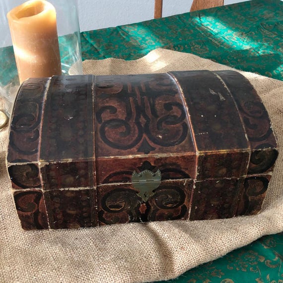 Antique Chest Box with Map Inside Lid Caribbean Map Inside Treasure Map Paper Map Lithograph Latch Handles Mid Century
