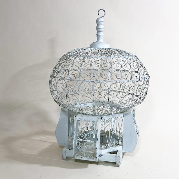French Hot Air Balloon Style Bird Cage  Aviary Toleware Wire Metal Wood Montfolfier Tunisian White Beautiful