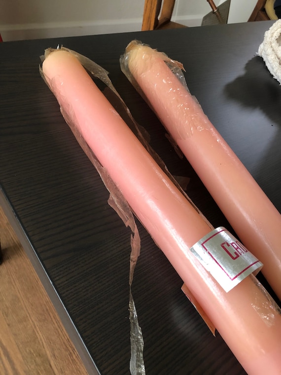 Crown Thailand Pink Pillar Candles 24 inch Set of 2 Includes One Extra Yellow Candle Large Candles Three Total Vintage 1980s