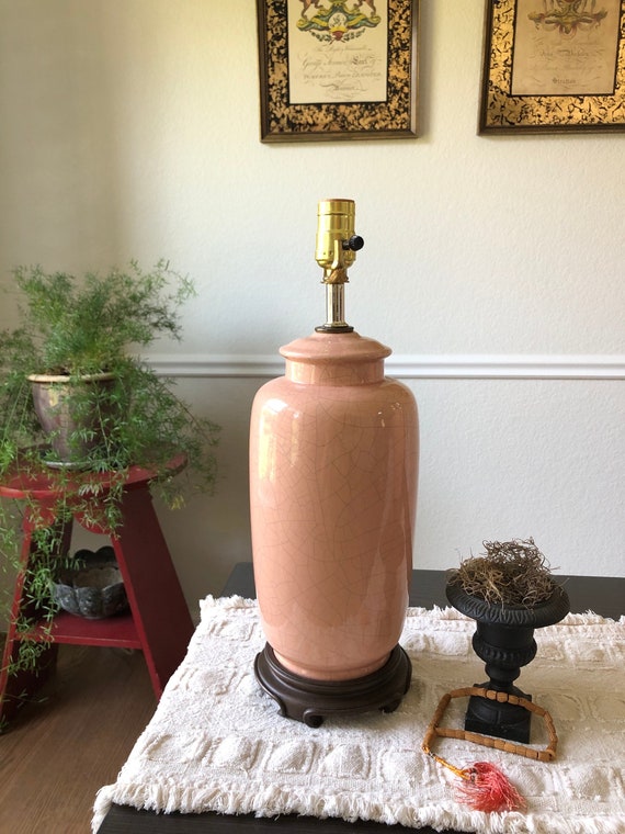 Pink Crackle Lamp Peach Color Tall Table Lamp 1980s Ceramic Peachy Pink Single Lamp No Shade Craquelure Finishing