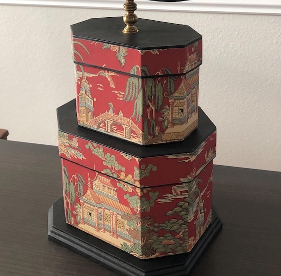 Asian Inspired Lamp Stacked Six Sided Asian Box Lamp Hexagon Red Box Oriental Geometric Box Black Pagoda Shade Vintage Asian Lamp 1960s Art