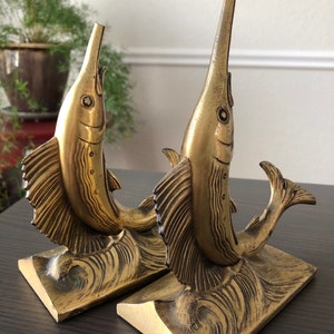 Brass Swordfish Bookends Nautical Decor Ocean Bookends Fish Decoration Vintage Decorative Bookends Hollywood Regency Decor Vintage Bookends