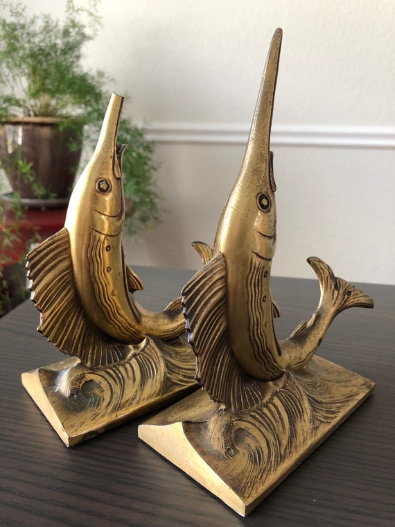 Brass Swordfish Bookends Nautical Decor Ocean Decor Fish Decoration Decorative Bookends Hollywood Regency Decor