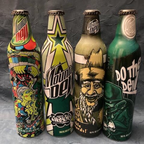 4 Mountain Dew Green Label Art Aluminum Soda Bottles