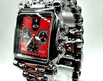 Reloj Oakley Inpired Minute Machine cromado, esfera roja, fabricado en Suiza, Y2k.