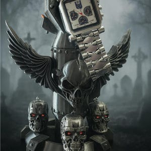 Pode incluir: Um rel&oacute;gio prateado com mostrador quadrado e v&aacute;rios mostradores, repousando sobre um suporte decorativo com uma caveira, asas e caveiras menores com olhos vermelhos. A pulseira do rel&oacute;gio &eacute; de metal.