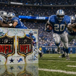 May include: A rectangular sports trading card featuring the text Immortal Collection 1 of 1 Dual Crest, two NFL shield logos, and signatures from Emmitt Smith and Barry Sanders, with images of football players in action on the card surface.