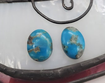 Blue Gem Turquoise Small Freeform Oval Cabochon Pair/ backed