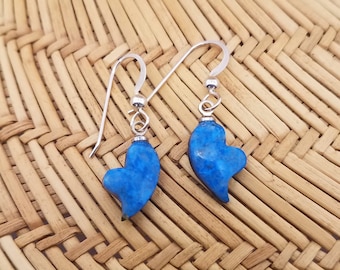 Blue Lapis Lazuli Tiny Valentine Heart Earrings with Sterling Silver French Earwires / Backed