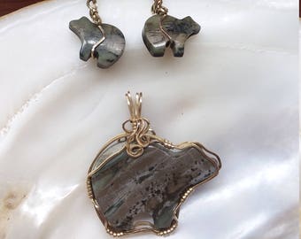 Green & Black Picasso Marble Bear Pendant and Earring Set with Gold Earwire Wirewrap