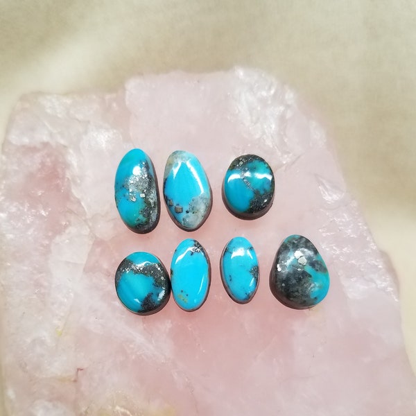 Blue Morenci Turquoise with Pyrite Metric Freeform Oval Cabochons / Set of 7 / Backed