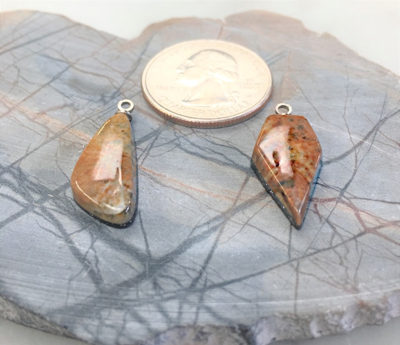 Orange /& Brown Picasso Marble Boomerang and Flat Diamond Cabochons with Silver Eyehooks backed