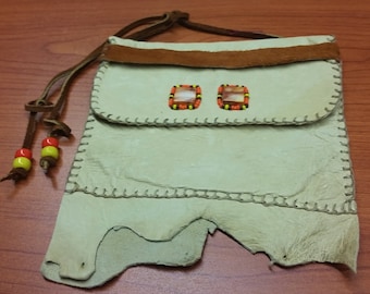 20% DISCOUNT Natural Cream Deerskin Leather Pouch, brown leather ties, 2 spiny oyster shell cabochons
