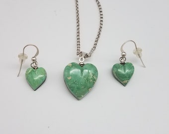 Green Varisite & Sterling Silver Heart Pendant and Earrings