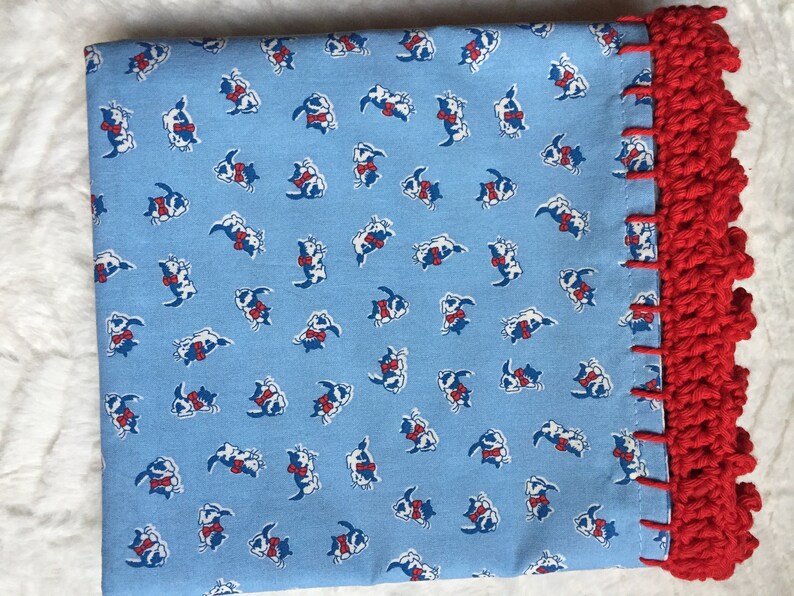 Red and white kittens with bow Crochet edge with inner flap Pillowcase Blue