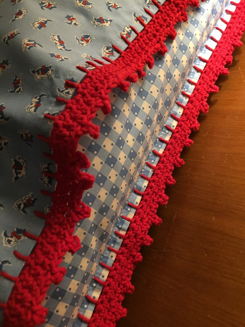 Red and white kittens with bow Crochet edge with inner flap Pillowcase Blue