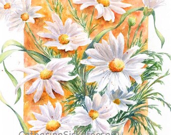 Daisies, WATERCOLOR PAINTING, fine art giclée, print, white, yellow, orange, green, ribbons