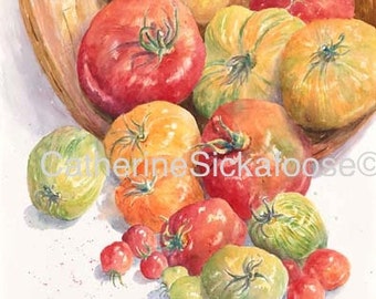 Heirloom tomatoes, WATERCOLOR PAINTING, fine art giclée, reds, golds, green.