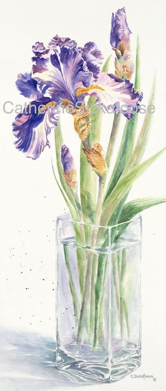 Purple Iris Glass Vase Watercolor Painting Fine Art Limited Etsy