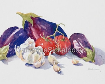 eggplant, tomatoes, garlic, still life, Anyone for Italian, fine art giclée