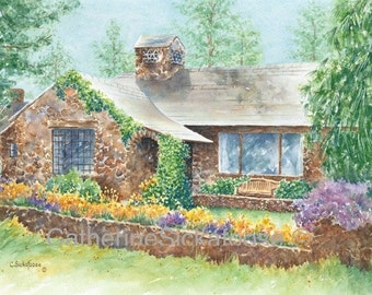 Cottage, Flagstaff, Arizona, WATERCOLOR PAINTING, brown, stone, yellow, green.