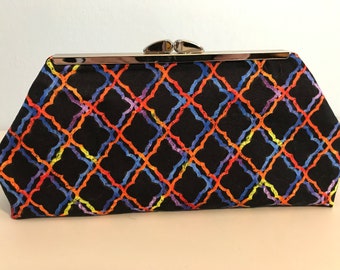 Purple Orange Yellow Modern Clutch Handbag. 3 Card Pockets, 2 Pockets Nickel Hardware.