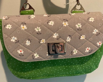 Green White Polka Dots with White Flowers Tan Flap Cross Body Wallet Handbag