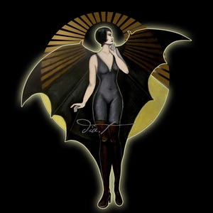 May include: A woman with short black hair wearing a black bodysuit and black boots stands with her wings spread. The wings are black with gold accents and are set against a black background with a gold halo behind her.