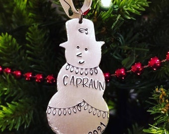 Christmas Ornament, Snowman Ornament, 2021 Ornament, Personalized Ornament, Hand Stamped Ornament, Christmas Tree Ornament, Rustic Ornament